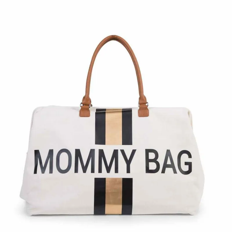 CHILDHOME MOMMY BAG BIG, RUCNA TORBA OFF WHITE STRIPES BLACK/GOLD